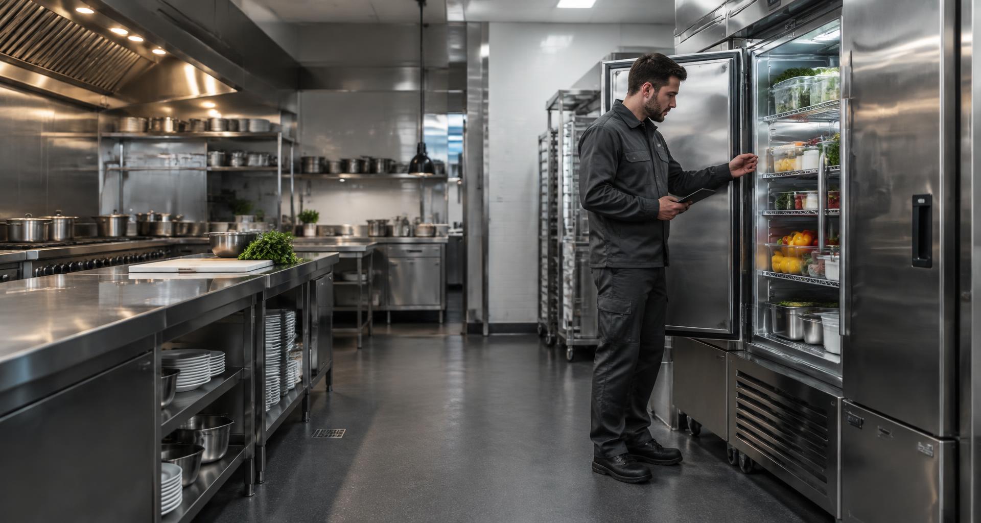 Engineer inspecting a stainless-steel commercial refrigerator in a professional kitchen